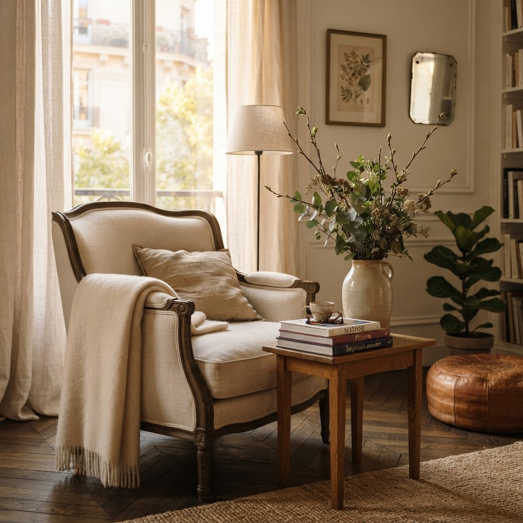 Coin salon à la française, fauteuil en lin et vase en céramique dans une lumière douce