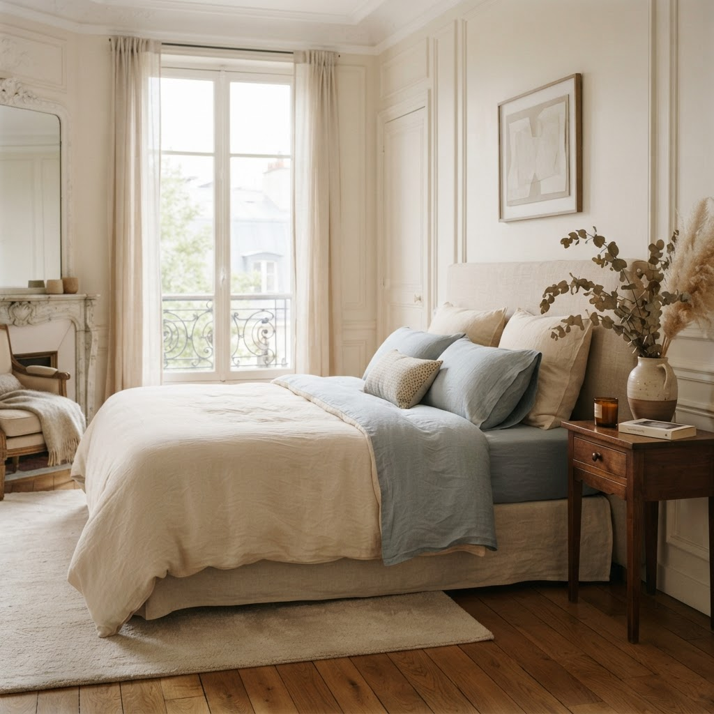 Chambre française baignée de lumière, habillée de linge de lit en lin lavé